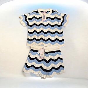 edited x Hunter McGrady S Blue/White/Black Crochet Top & Shorts Set